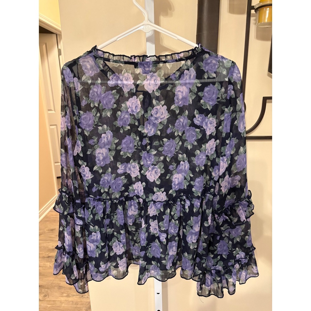 American Eagle Floral Sheer Ruffle Blouse Purple Navy Tie Front Top Medium - Picture 6 of 6
